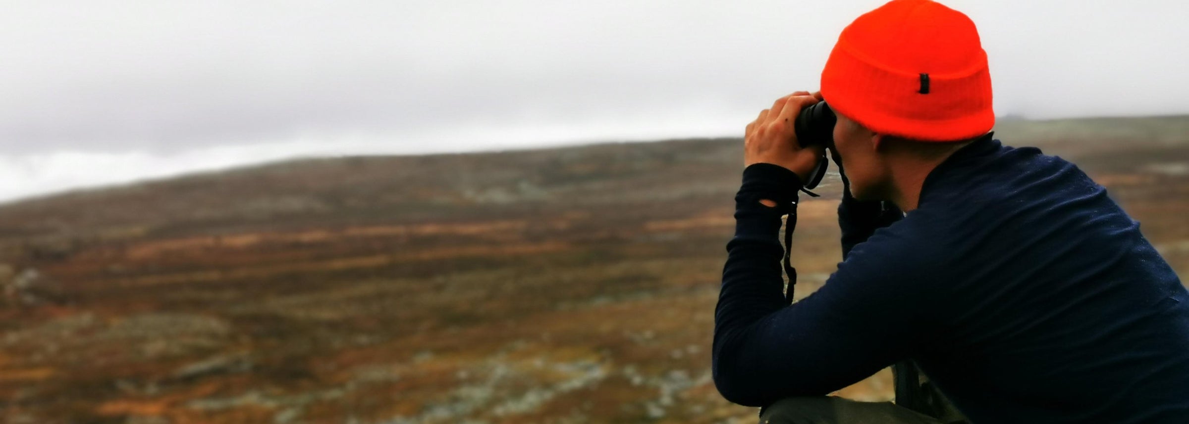 A person with a rifle and their dog walking through the woods.