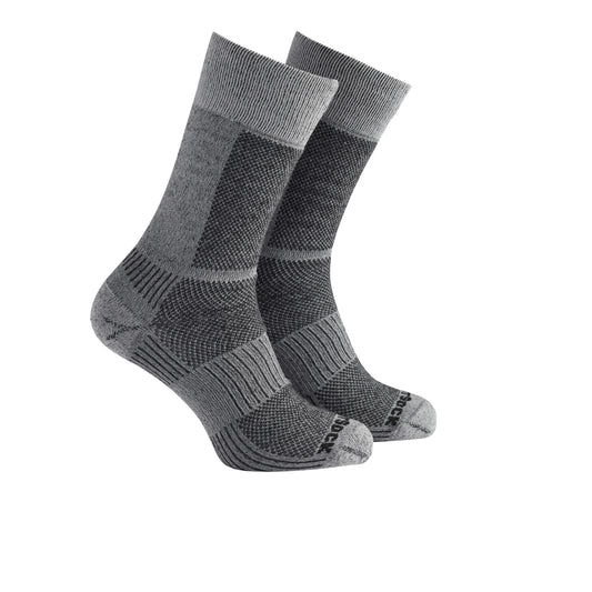 A pair of gray and black athletic crew socks.