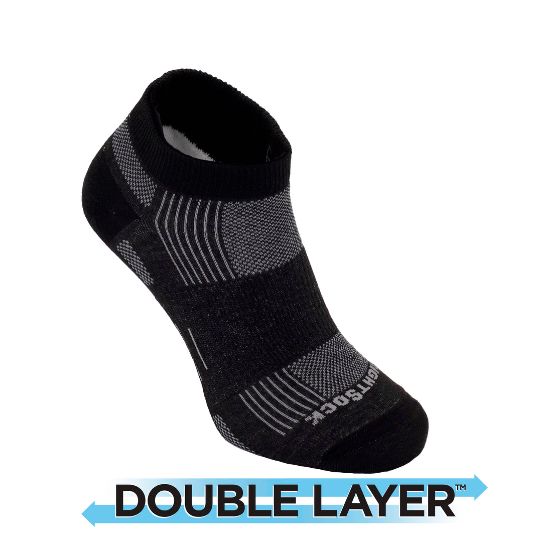 Run, Double Layer, Lo Quarter, Black Marl anti-friction socks.