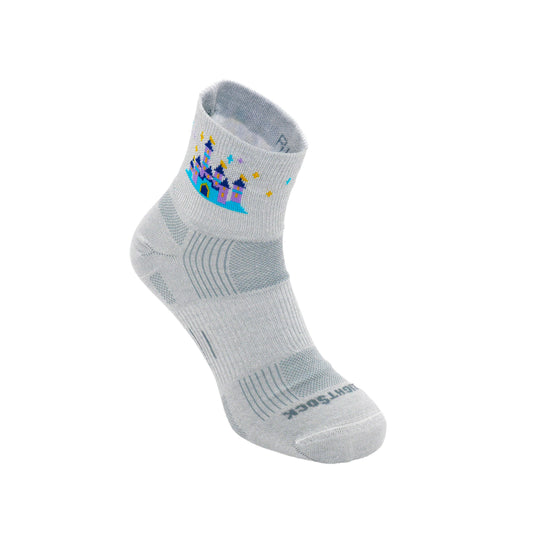 Explore Quarter, Grey sock with a fantasy style castle on the cuff.