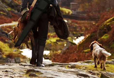 Boy with hunting rifle walks beside dog