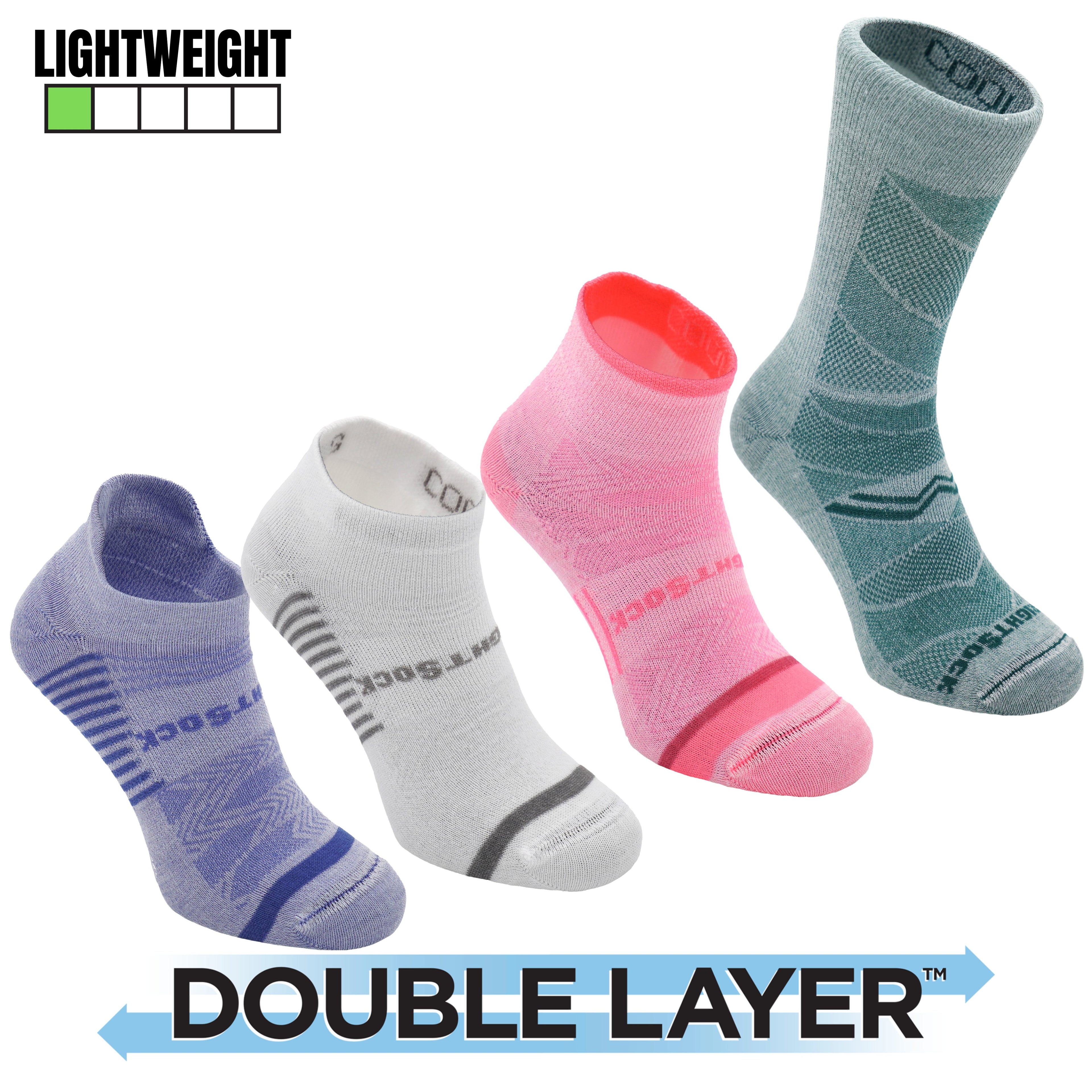 various socks in colors purple white pink and blue 