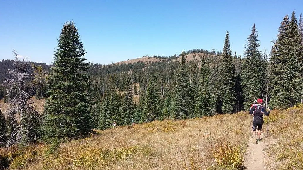 A person walking on a dirt trail in Wrightsock Single Layer Trail Socks.