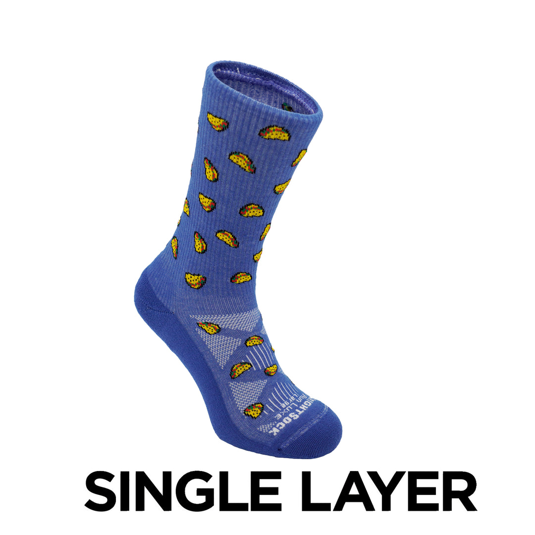 Run Luxe socks, Crew length, Blue with taco logos.