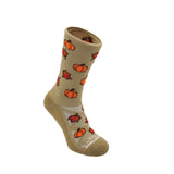 Run Luxe socks, Crew length, Brown with fall leaves and pumpkin logos.