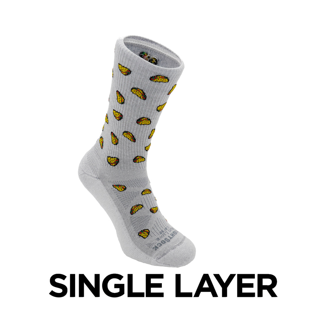 Run Luxe socks, Crew length, light grey/white with taco logos.