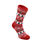 Run Luxe socks, Crew length, Red Christmas Stripes with snowflakes, gingerbread men and Christmas tree logos.