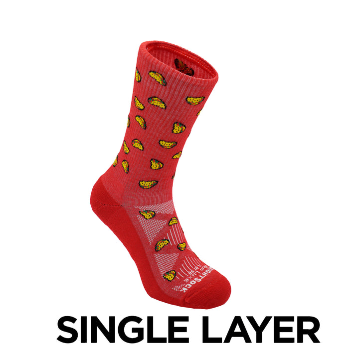 Run Luxe socks, Crew length, Red with taco logos.