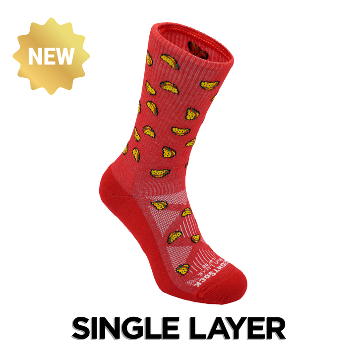 Run Luxe socks, Crew length, Red with taco logos.