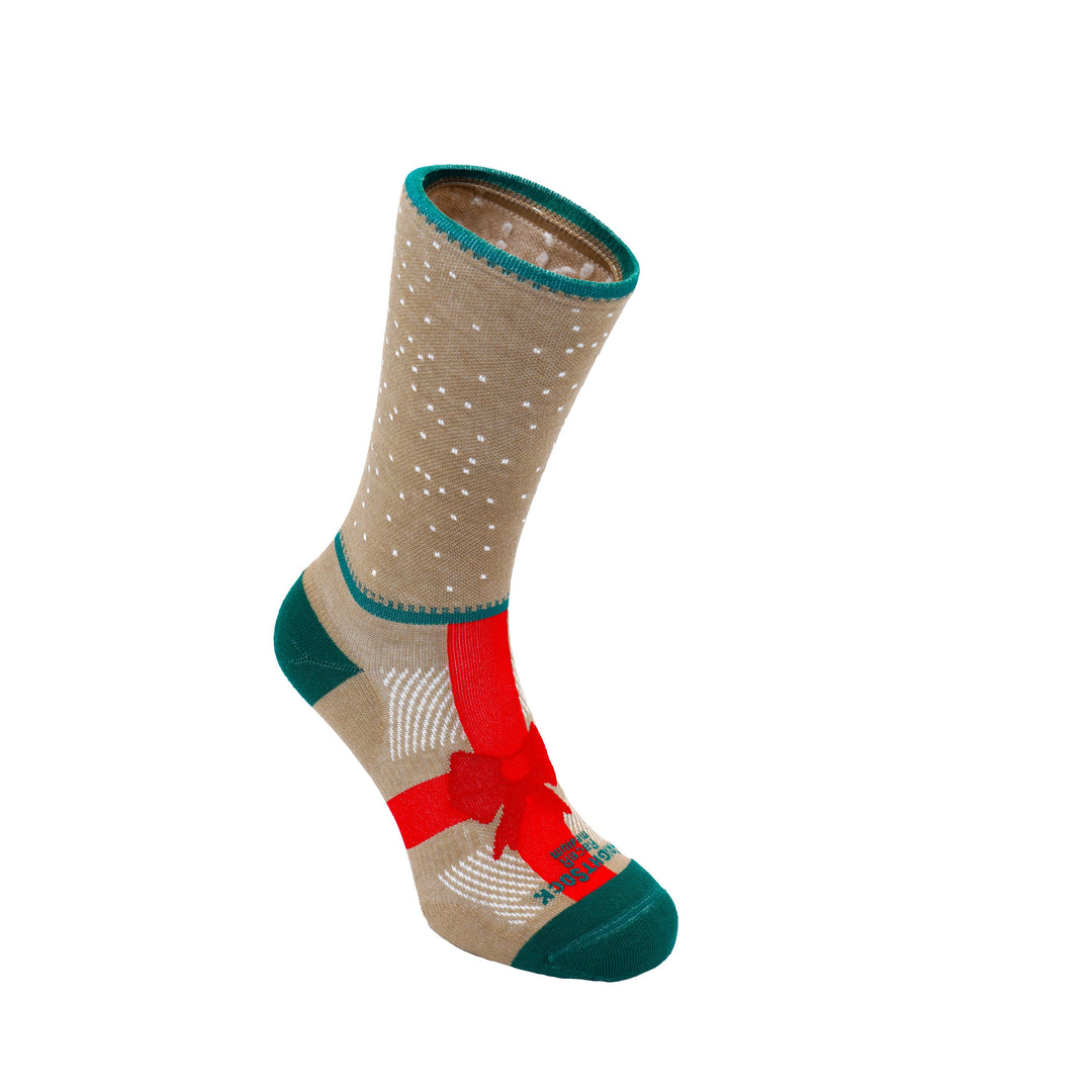 Racer, Crew length, Brown sock with white dots on the leg and a red ribbon on the foot.