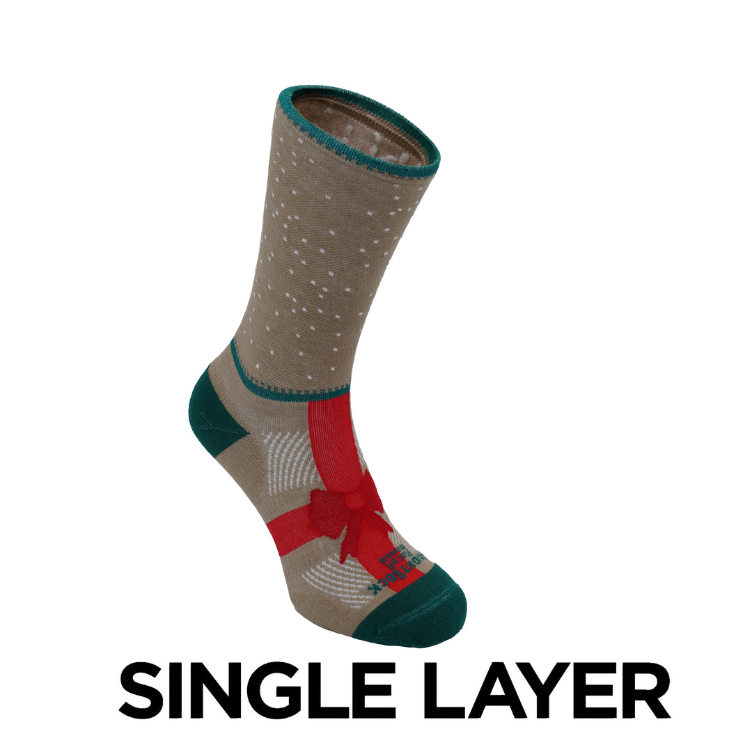 Racer, Crew length, Brown sock with white dots on the leg and a red ribbon on the foot.