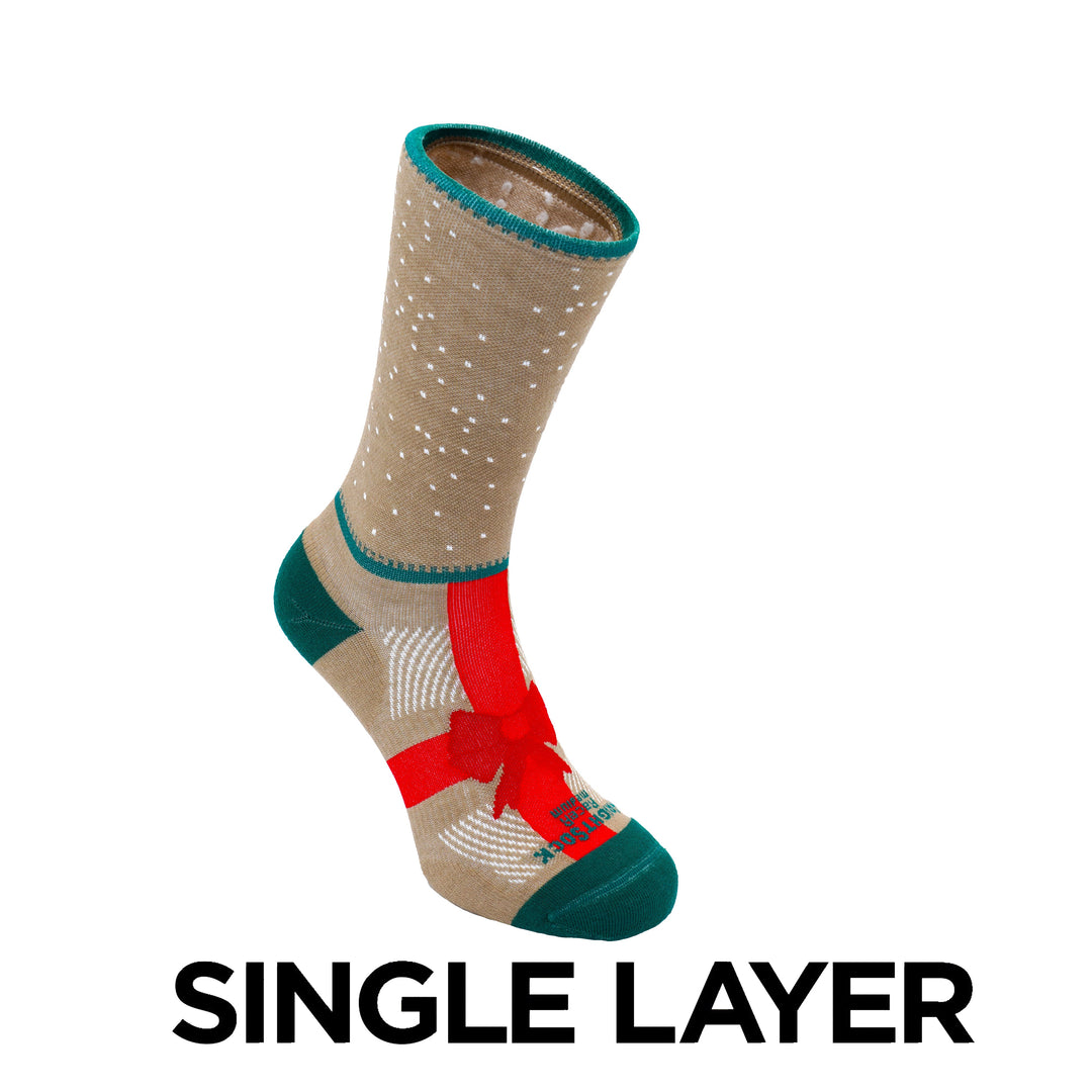Racer, Crew length, Brown sock with white dots on the leg and a red ribbon on the foot.