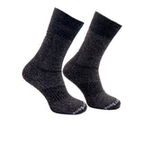 A pair of dark charcoal gray heathered athletic crew socks.
