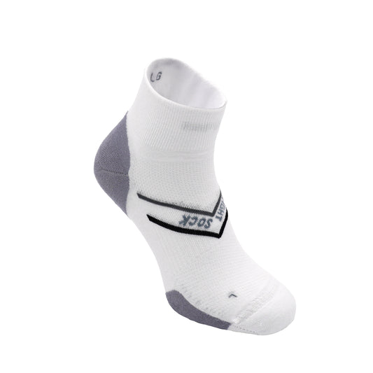 Athletic sock, Quarter length, Cumulus style in White with grey cushion pads and grey accents.