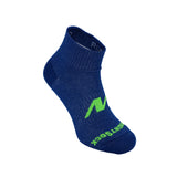 Running two style, Quarter height, Blue socks with Neon Green Wrightsock logos.