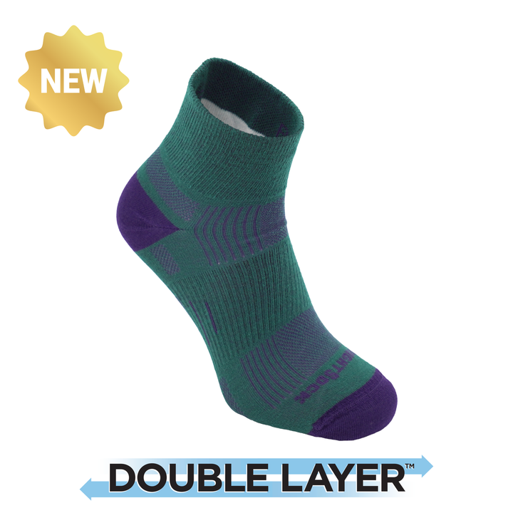 Explore, Double Layer, Quarter, Alpine Green over Wildberry anti-friction socks