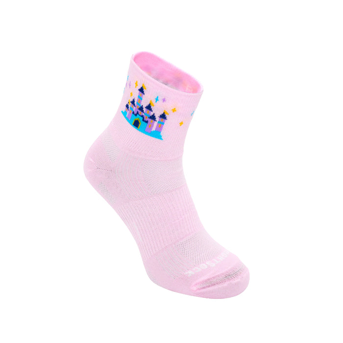 Explore Quarter, Pink sock with a fantasy style castle on the cuff.