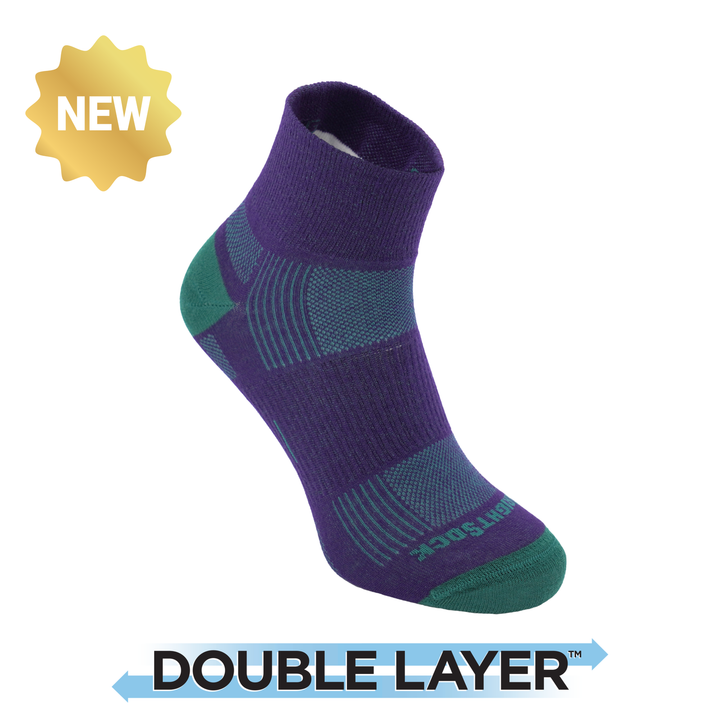 Explore, Double Layer, Quarter, Wildberry over Alpine Green anti-chafing socks