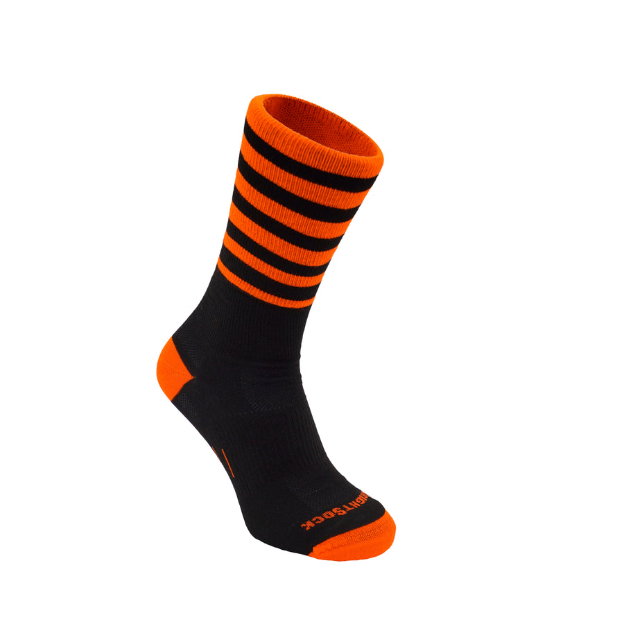 Explore, Crew length, black orange stripes.