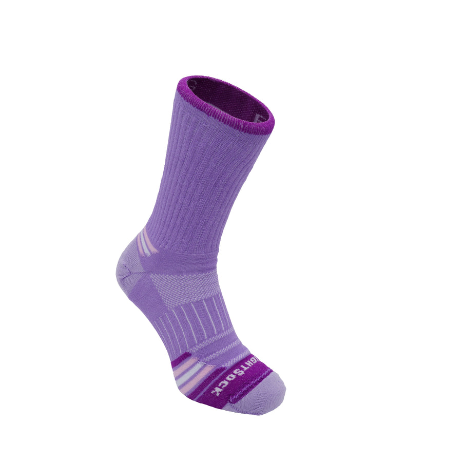 Escape style, Crew height, Lavender socks with purple, white and pink accents.