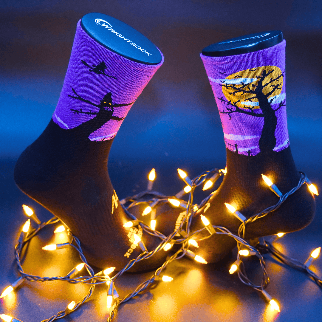 Halloween Night socks surround by lights.