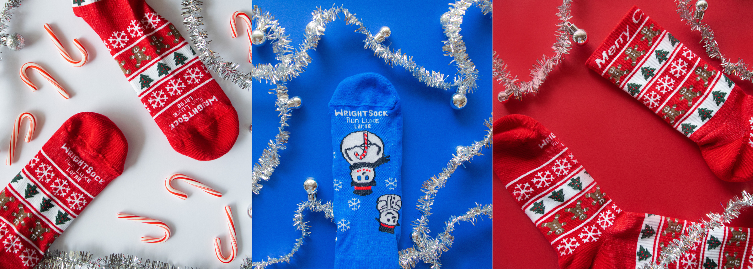 Three Christmas-themed items including socks, candy canes, and tinsel on a white, blue, and red background.