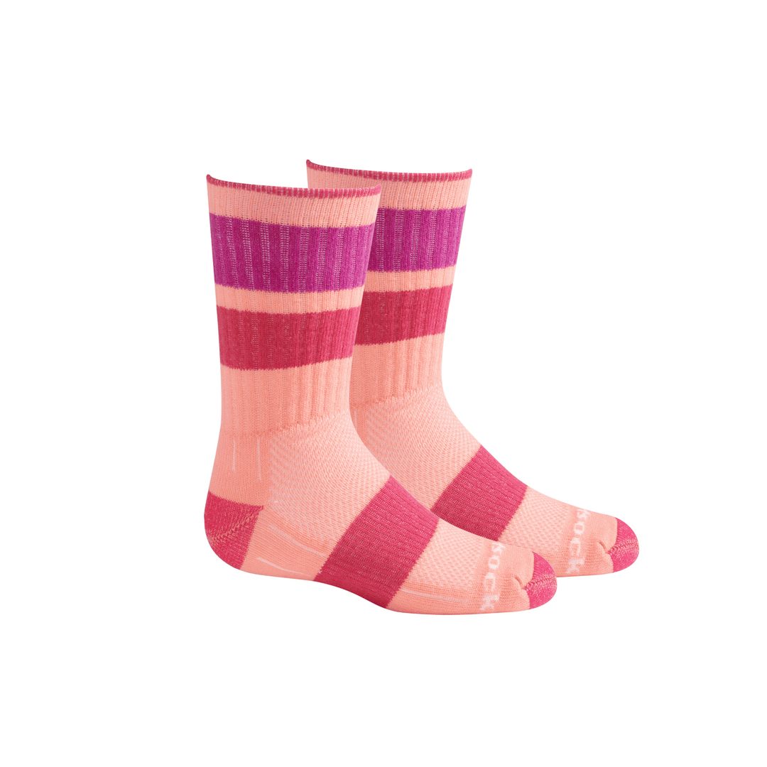 Kids Escape pink stripe crew length socks.