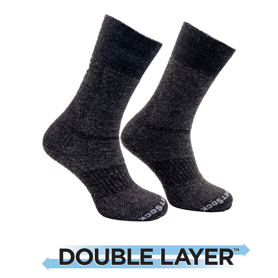 Double-layered blister proof socks in crew cut and black and white coloring