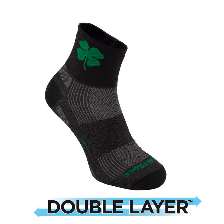 Explore, Double Layer, Quarter, Black Shamrock socks.